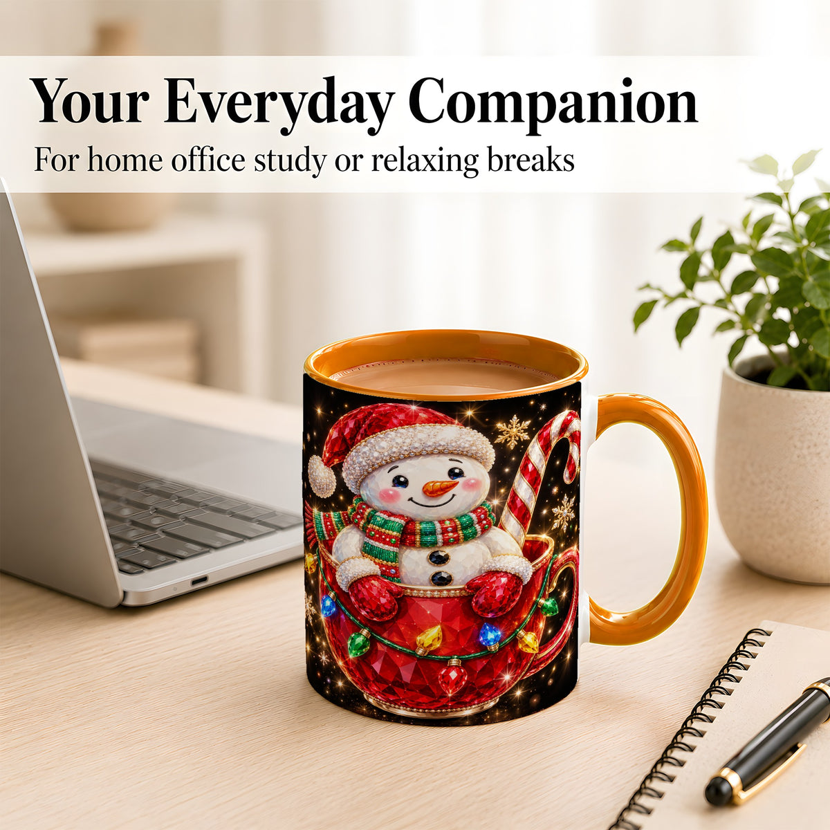 #pl[11oz|Orange] Jeweled Snowman Coffee Mug, Candy Cane Snowman Mug, Ceramic Cup