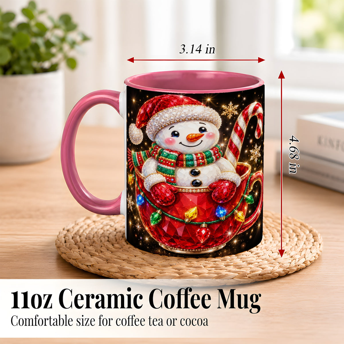 #pl[11oz|Pink] Jeweled Snowman Coffee Mug, Candy Cane Snowman Mug, Ceramic Cup