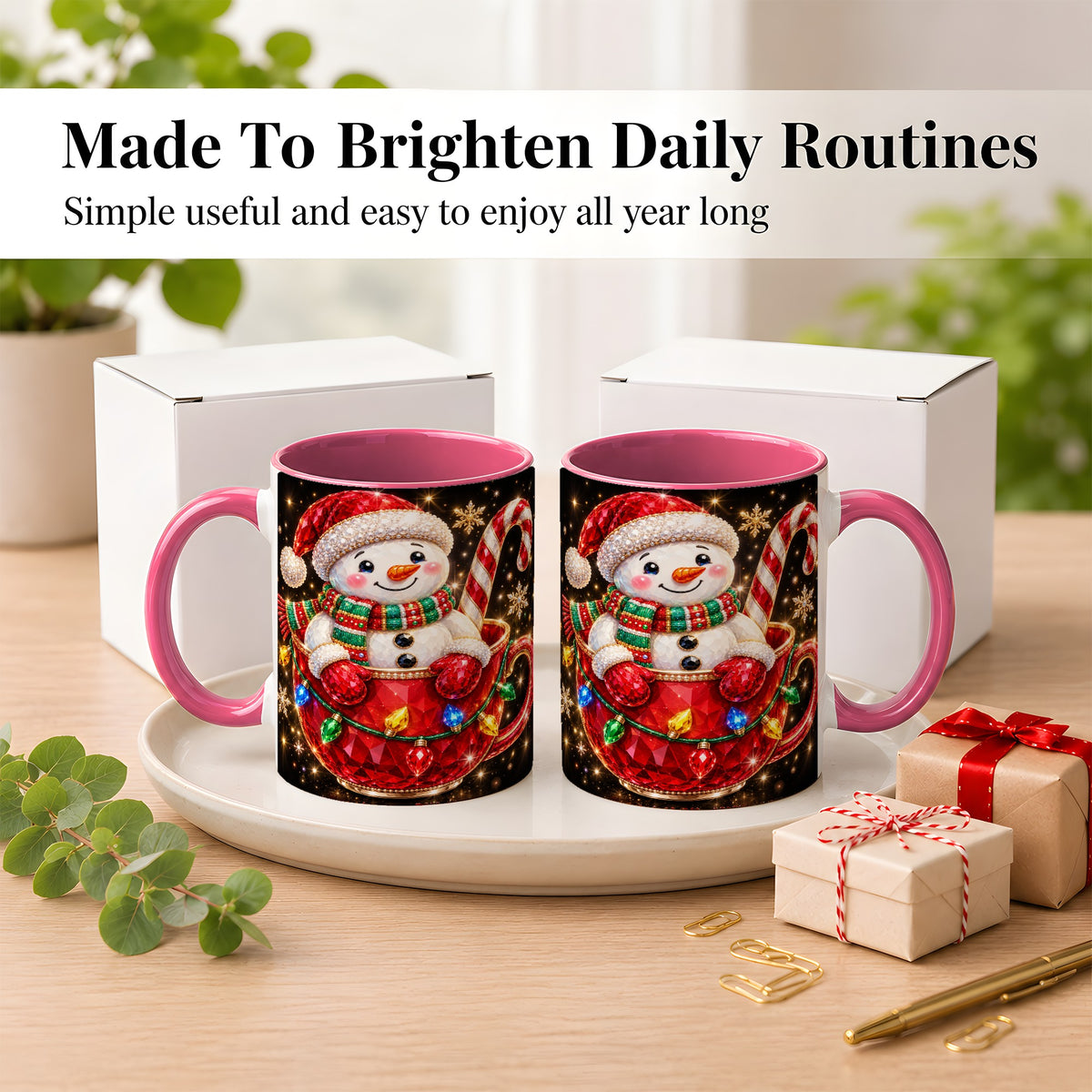 #pl[11oz|Pink] Jeweled Snowman Coffee Mug, Candy Cane Snowman Mug, Ceramic Cup