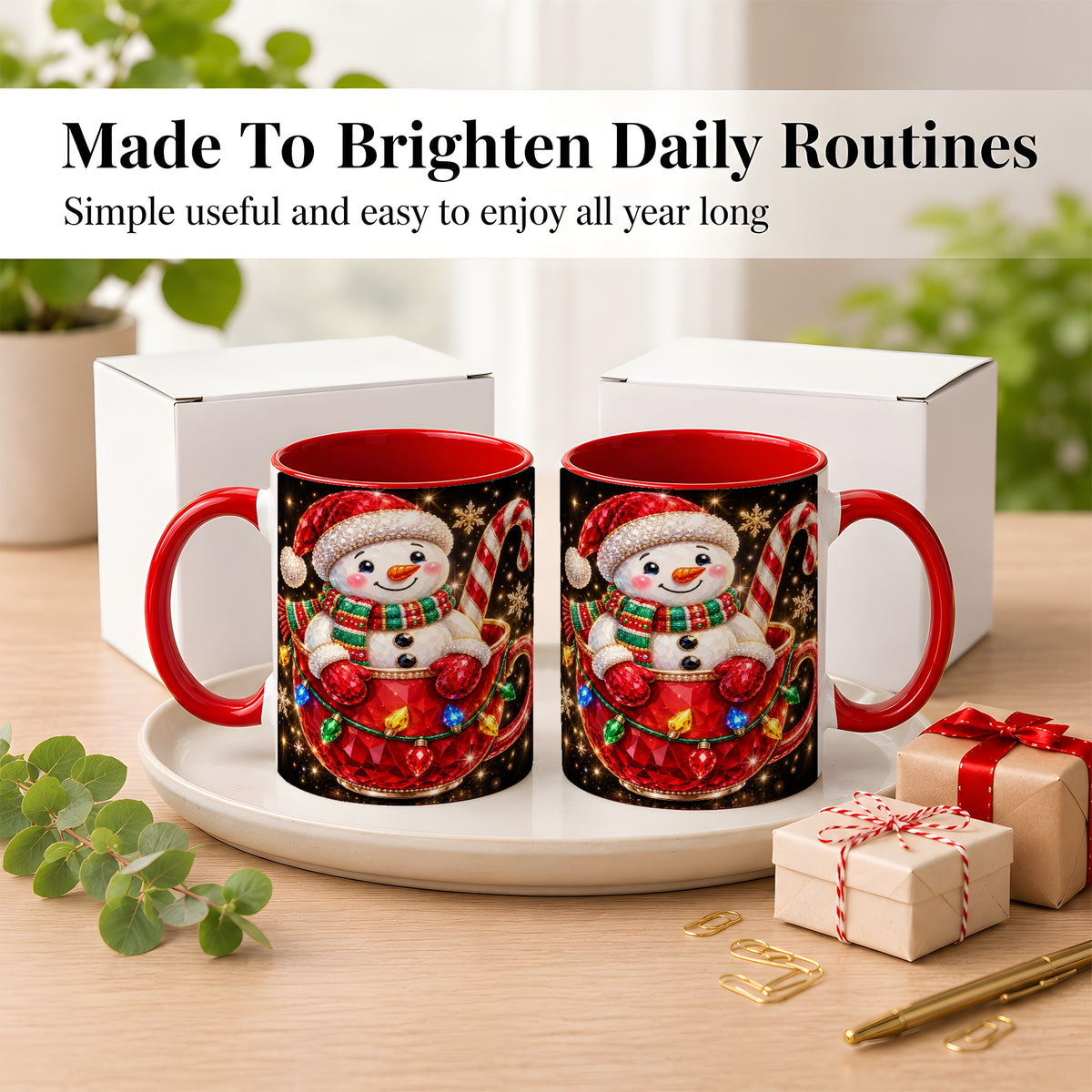 #pl[11oz|Red] Jeweled Snowman Coffee Mug, Candy Cane Snowman Mug, Ceramic Cup