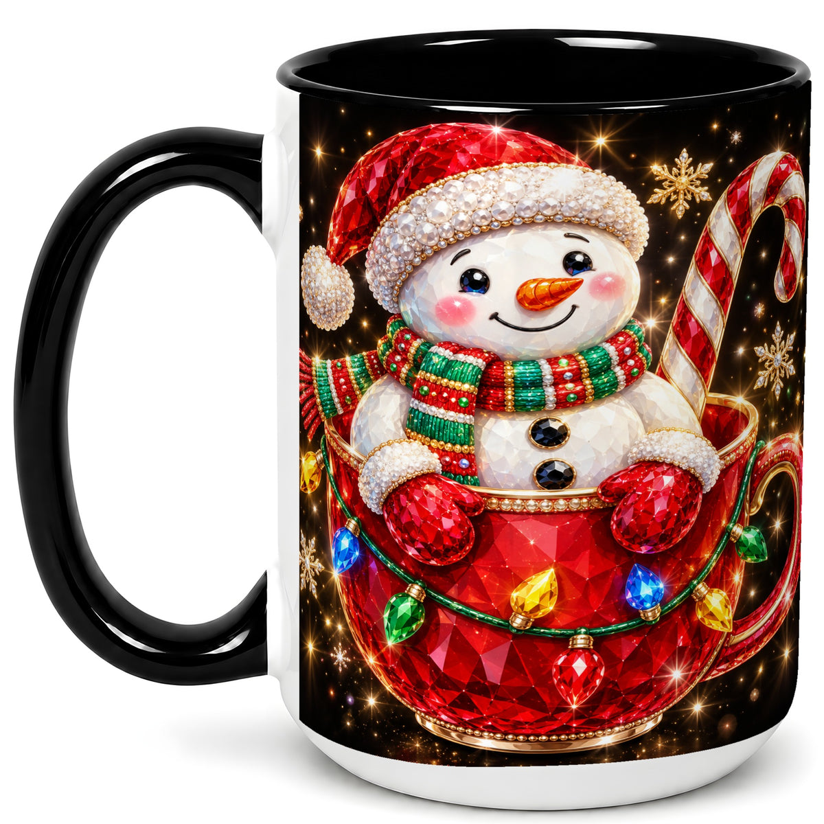#pl[15oz|Black] Jeweled Snowman Coffee Mug, Candy Cane Snowman Mug, Ceramic Cup