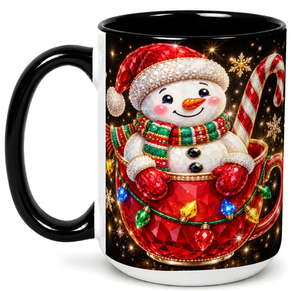 #pl[15oz|Black] Jeweled Snowman Coffee Mug, Candy Cane Snowman Mug, Ceramic Cup