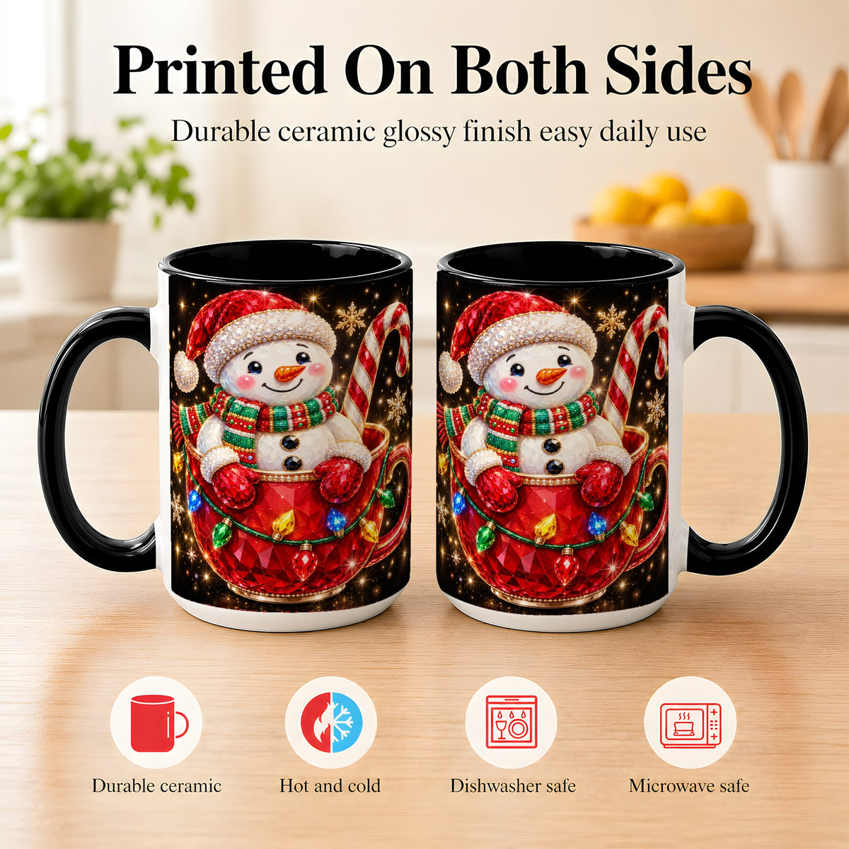 #pl[15oz|Black] Jeweled Snowman Coffee Mug, Candy Cane Snowman Mug, Ceramic Cup