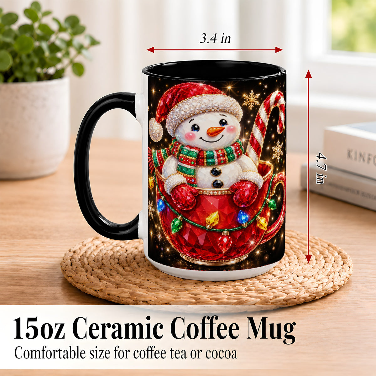 #pl[15oz|Black] Jeweled Snowman Coffee Mug, Candy Cane Snowman Mug, Ceramic Cup