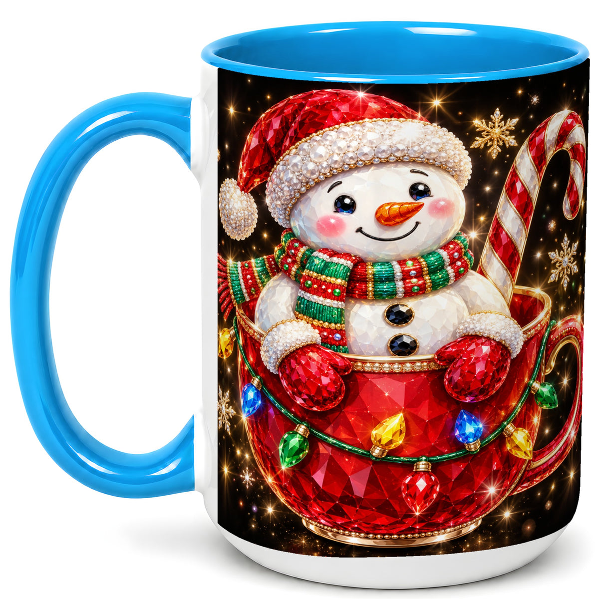 #pl[15oz|Blue] Jeweled Snowman Coffee Mug, Candy Cane Snowman Mug, Ceramic Cup
