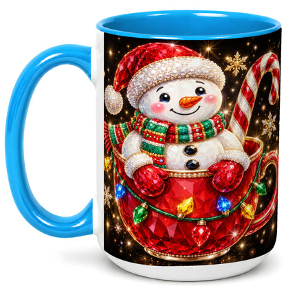 #pl[15oz|Blue] Jeweled Snowman Coffee Mug, Candy Cane Snowman Mug, Ceramic Cup