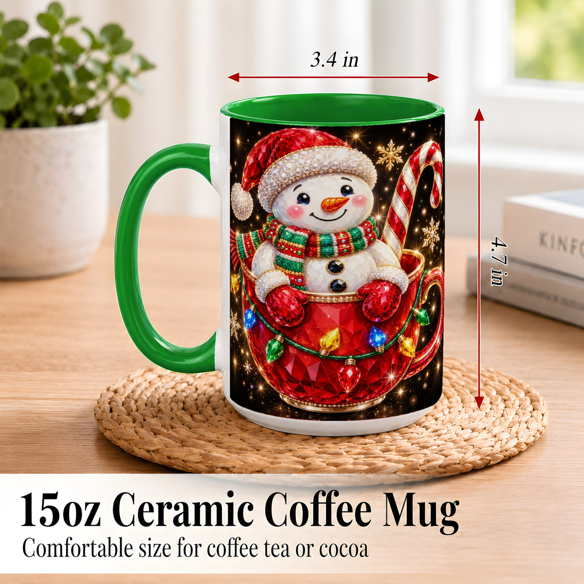#pl[15oz|Green] Jeweled Snowman Coffee Mug, Candy Cane Snowman Mug, Ceramic Cup