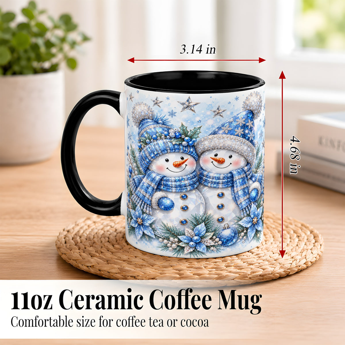 #pl[11oz|Black] Blue Gem Snowmen Coffee Mug, Christmas Snowman Mug, Ceramic Cup