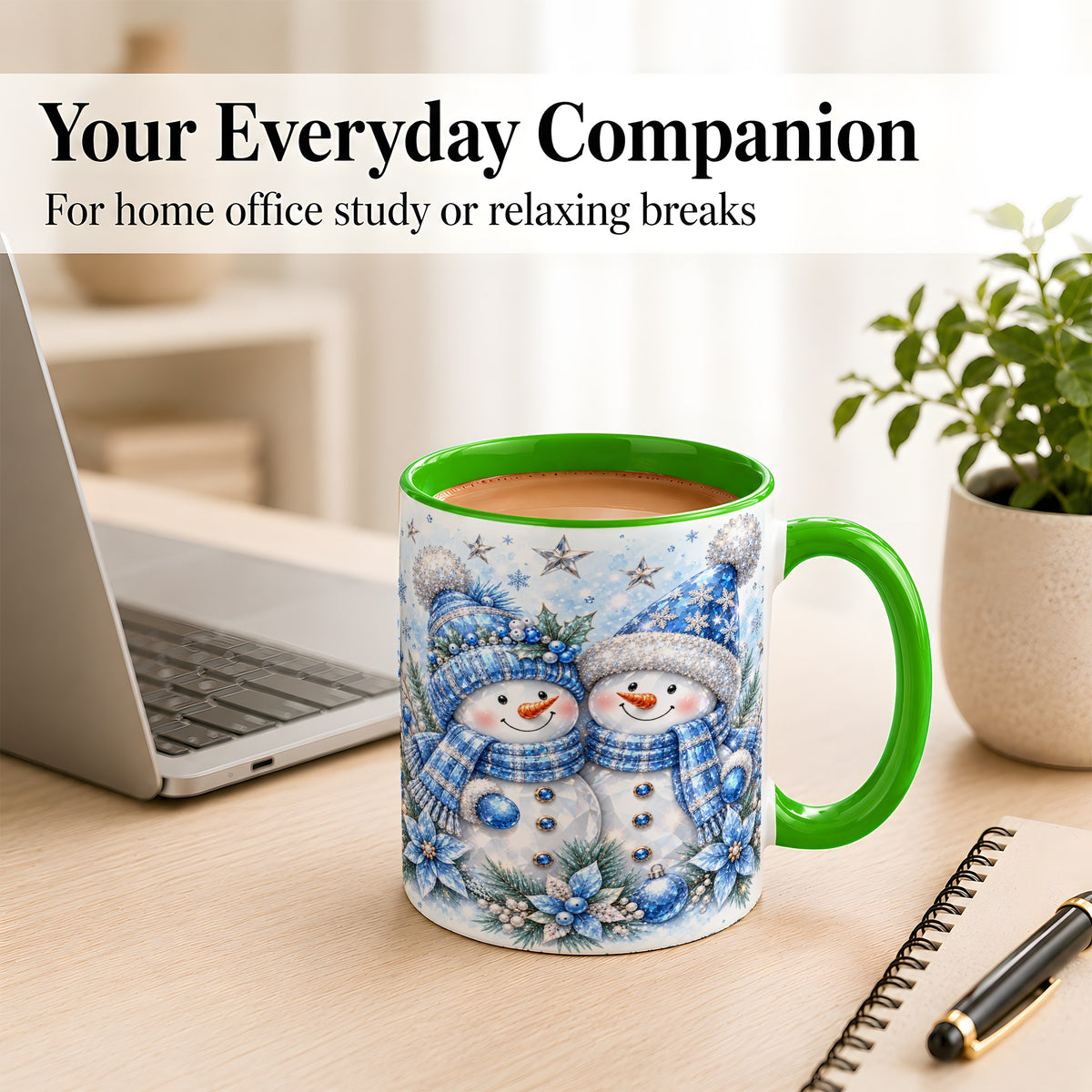 #pl[11oz|Green] Blue Gem Snowmen Coffee Mug, Christmas Snowman Mug, Ceramic Cup