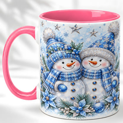 #pl[11oz|Pink] Blue Gem Snowmen Coffee Mug, Christmas Snowman Mug, Ceramic Cup