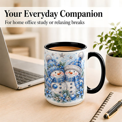 #pl[15oz|Black] Blue Gem Snowmen Coffee Mug, Christmas Snowman Mug, Ceramic Cup