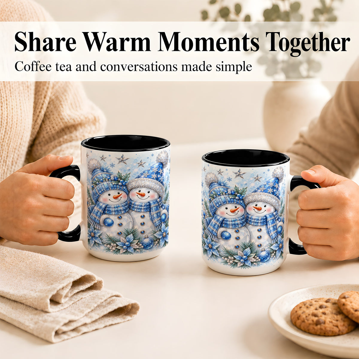 #pl[15oz|Black] Blue Gem Snowmen Coffee Mug, Christmas Snowman Mug, Ceramic Cup