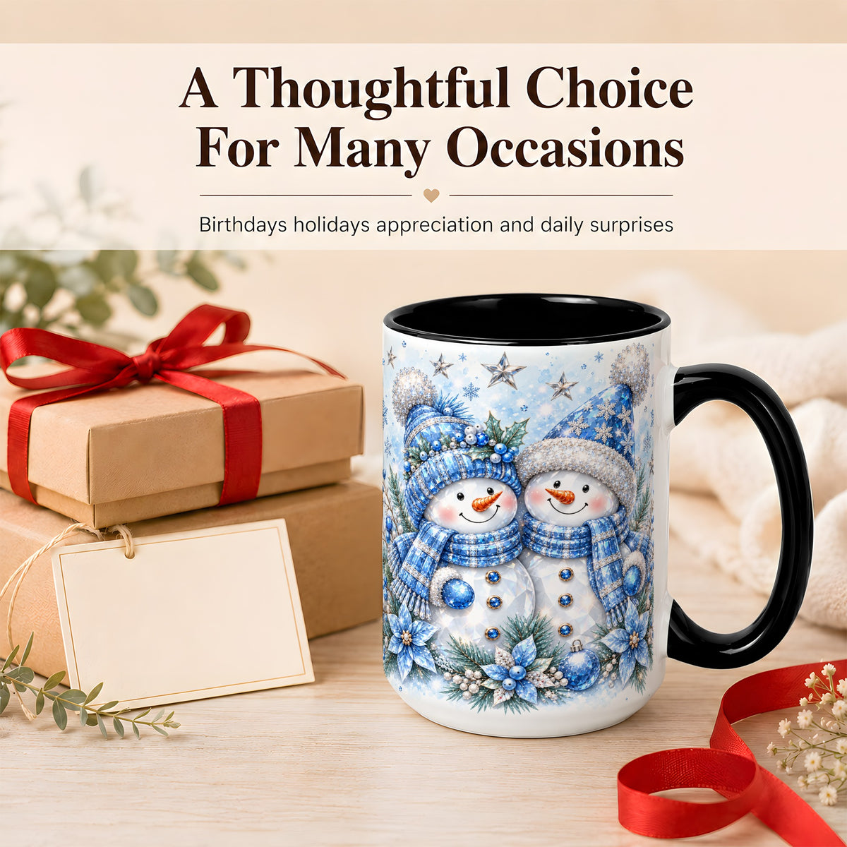 #pl[15oz|Black] Blue Gem Snowmen Coffee Mug, Christmas Snowman Mug, Ceramic Cup