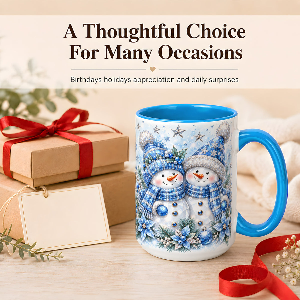 #pl[15oz|Blue] Blue Gem Snowmen Coffee Mug, Christmas Snowman Mug, Ceramic Cup