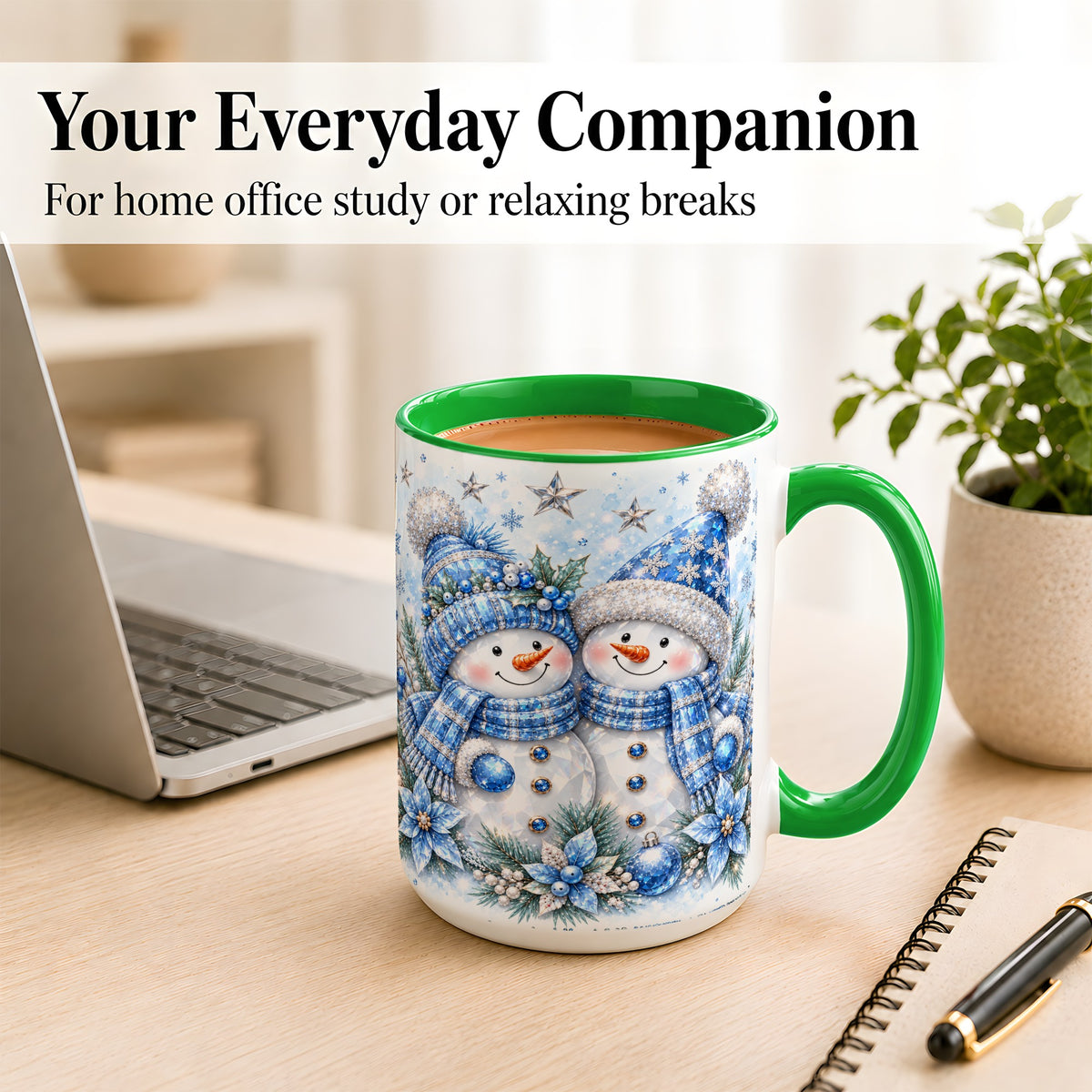 #pl[15oz|Green] Blue Gem Snowmen Coffee Mug, Christmas Snowman Mug, Ceramic Cup