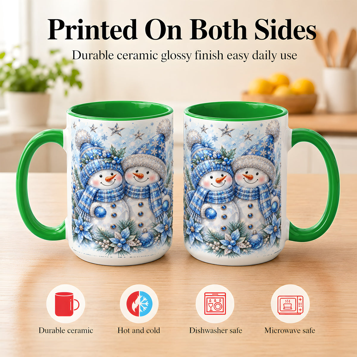 #pl[15oz|Green] Blue Gem Snowmen Coffee Mug, Christmas Snowman Mug, Ceramic Cup