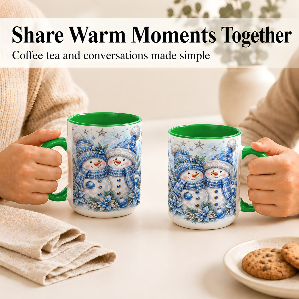 #pl[15oz|Green] Blue Gem Snowmen Coffee Mug, Christmas Snowman Mug, Ceramic Cup