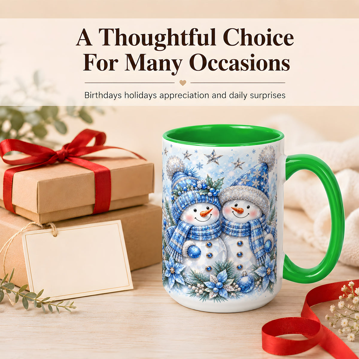 #pl[15oz|Green] Blue Gem Snowmen Coffee Mug, Christmas Snowman Mug, Ceramic Cup