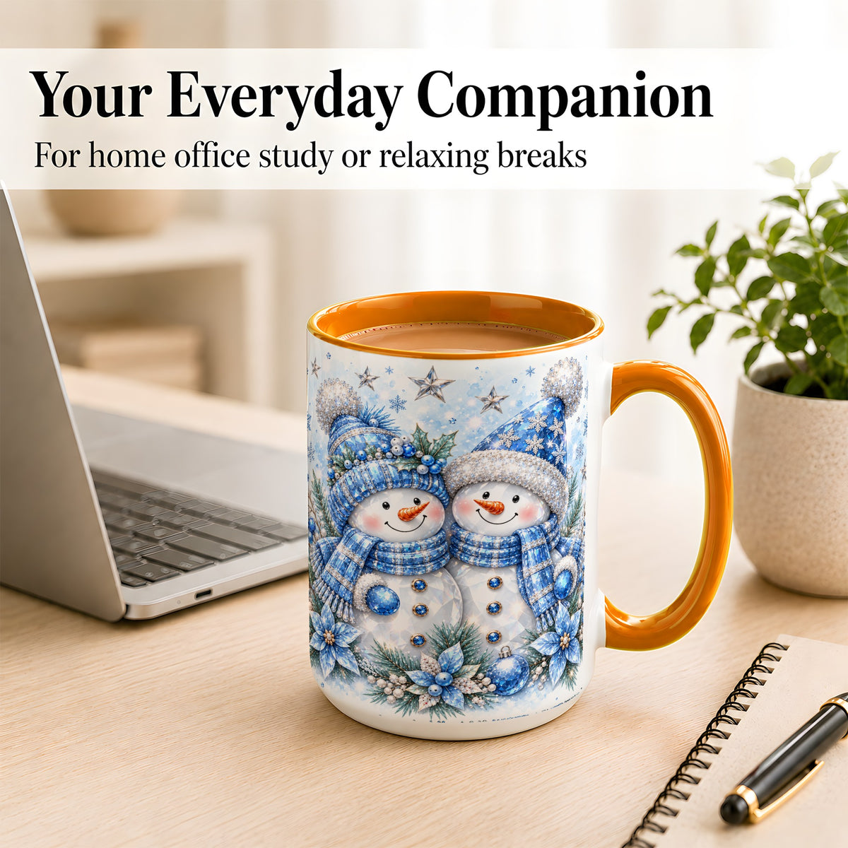 #pl[15oz|Orange] Blue Gem Snowmen Coffee Mug, Christmas Snowman Mug, Ceramic Cup