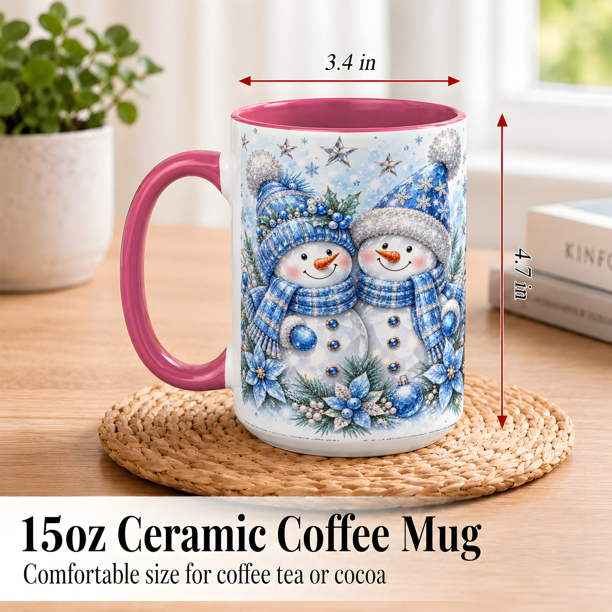 #pl[15oz|Pink] Blue Gem Snowmen Coffee Mug, Christmas Snowman Mug, Ceramic Cup