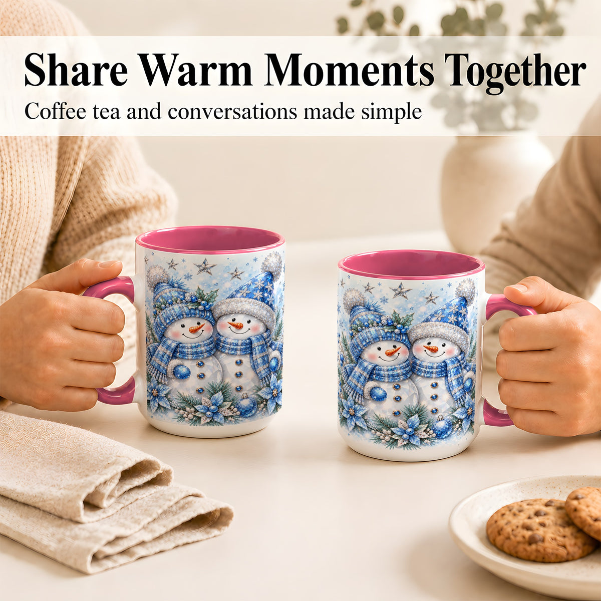 #pl[15oz|Pink] Blue Gem Snowmen Coffee Mug, Christmas Snowman Mug, Ceramic Cup