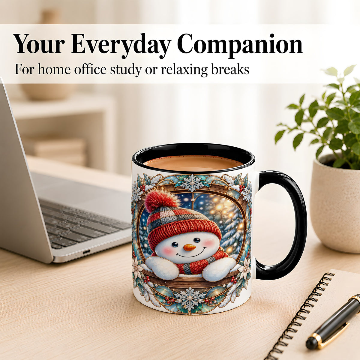 #pl[11oz|Black] Winter Snowman Coffee Mug, Art Nouveau Snowman Mug, Ceramic Cup