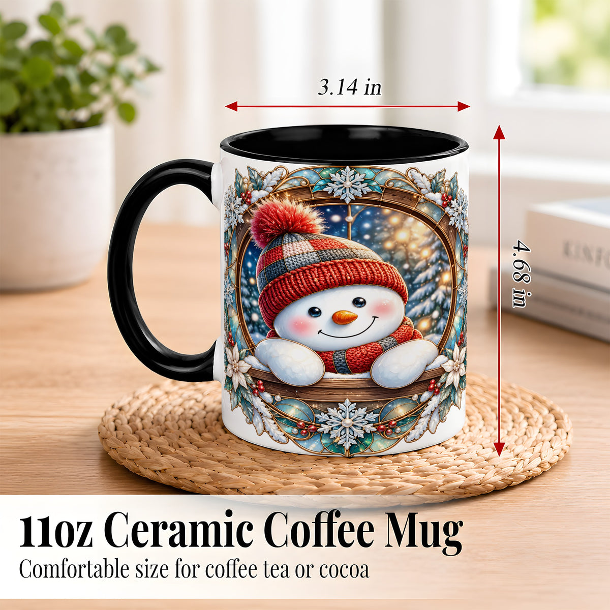 #pl[11oz|Black] Winter Snowman Coffee Mug, Art Nouveau Snowman Mug, Ceramic Cup