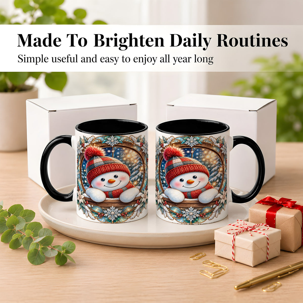 #pl[11oz|Black] Winter Snowman Coffee Mug, Art Nouveau Snowman Mug, Ceramic Cup