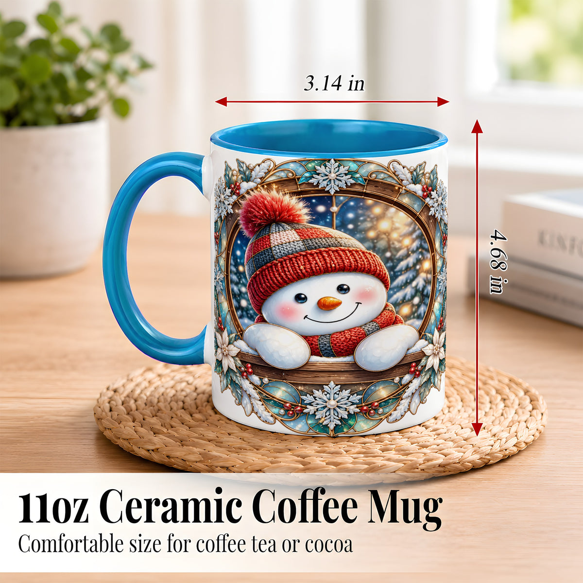 #pl[11oz|Blue] Winter Snowman Coffee Mug, Art Nouveau Snowman Mug, Ceramic Cup