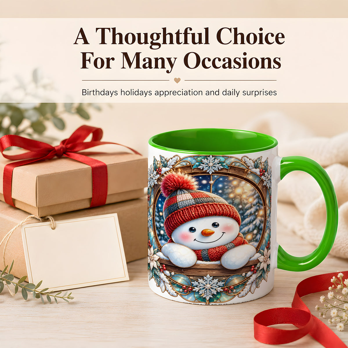 #pl[11oz|Green] Winter Snowman Coffee Mug, Art Nouveau Snowman Mug, Ceramic Cup