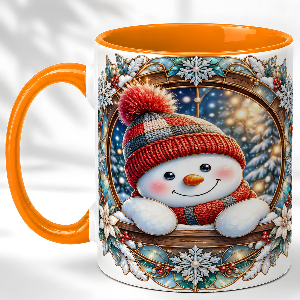 #pl[11oz|Orange] Winter Snowman Coffee Mug, Art Nouveau Snowman Mug, Ceramic Cup