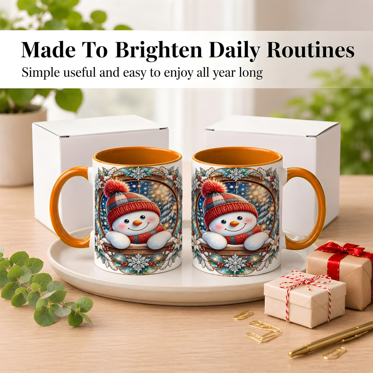 #pl[11oz|Orange] Winter Snowman Coffee Mug, Art Nouveau Snowman Mug, Ceramic Cup