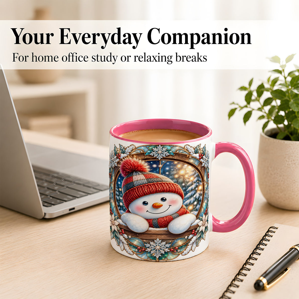 #pl[11oz|Pink] Winter Snowman Coffee Mug, Art Nouveau Snowman Mug, Ceramic Cup