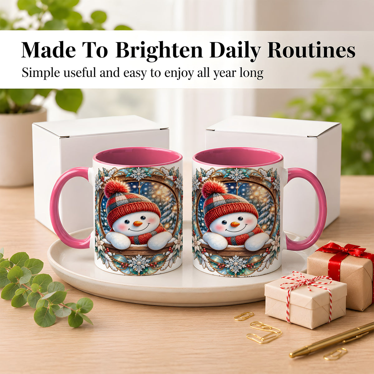 #pl[11oz|Pink] Winter Snowman Coffee Mug, Art Nouveau Snowman Mug, Ceramic Cup