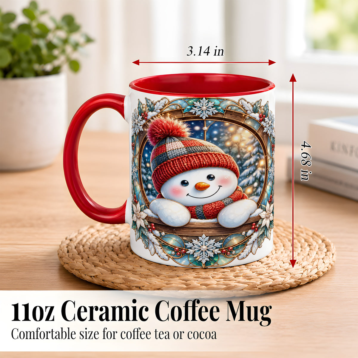 #pl[11oz|Red] Winter Snowman Coffee Mug, Art Nouveau Snowman Mug, Ceramic Cup