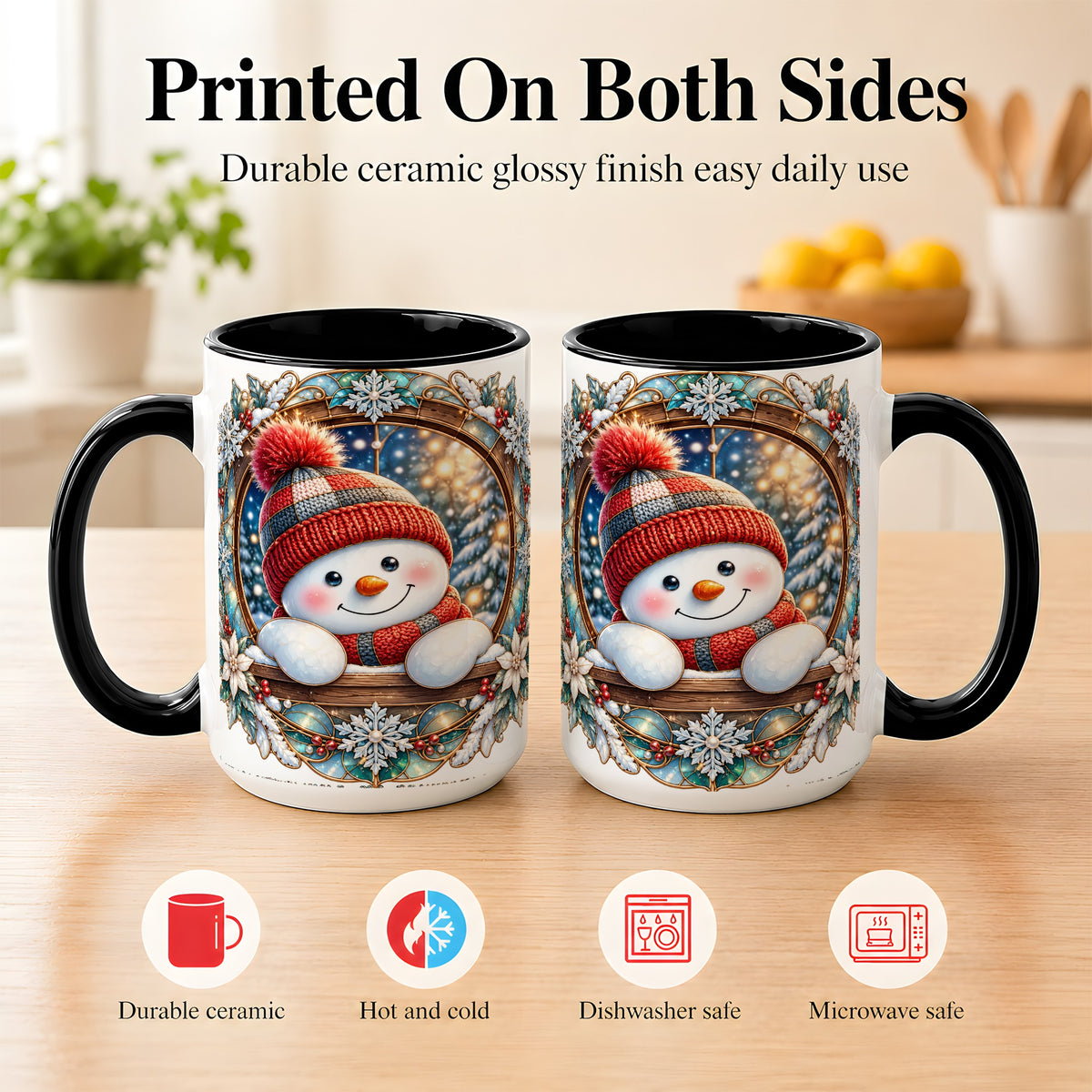 #pl[15oz|Black] Winter Snowman Coffee Mug, Art Nouveau Snowman Mug, Ceramic Cup