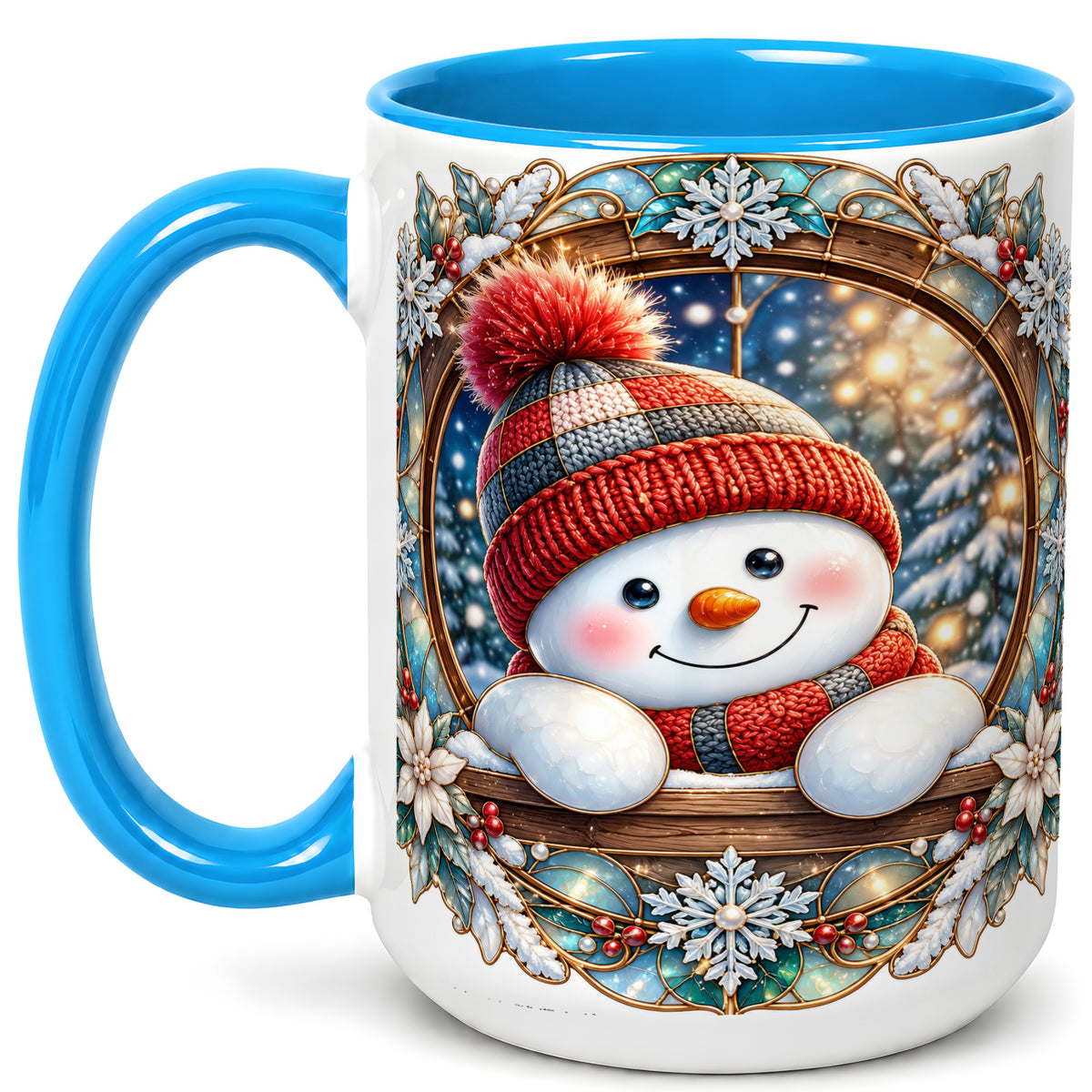 #pl[15oz|Blue] Winter Snowman Coffee Mug, Art Nouveau Snowman Mug, Ceramic Cup