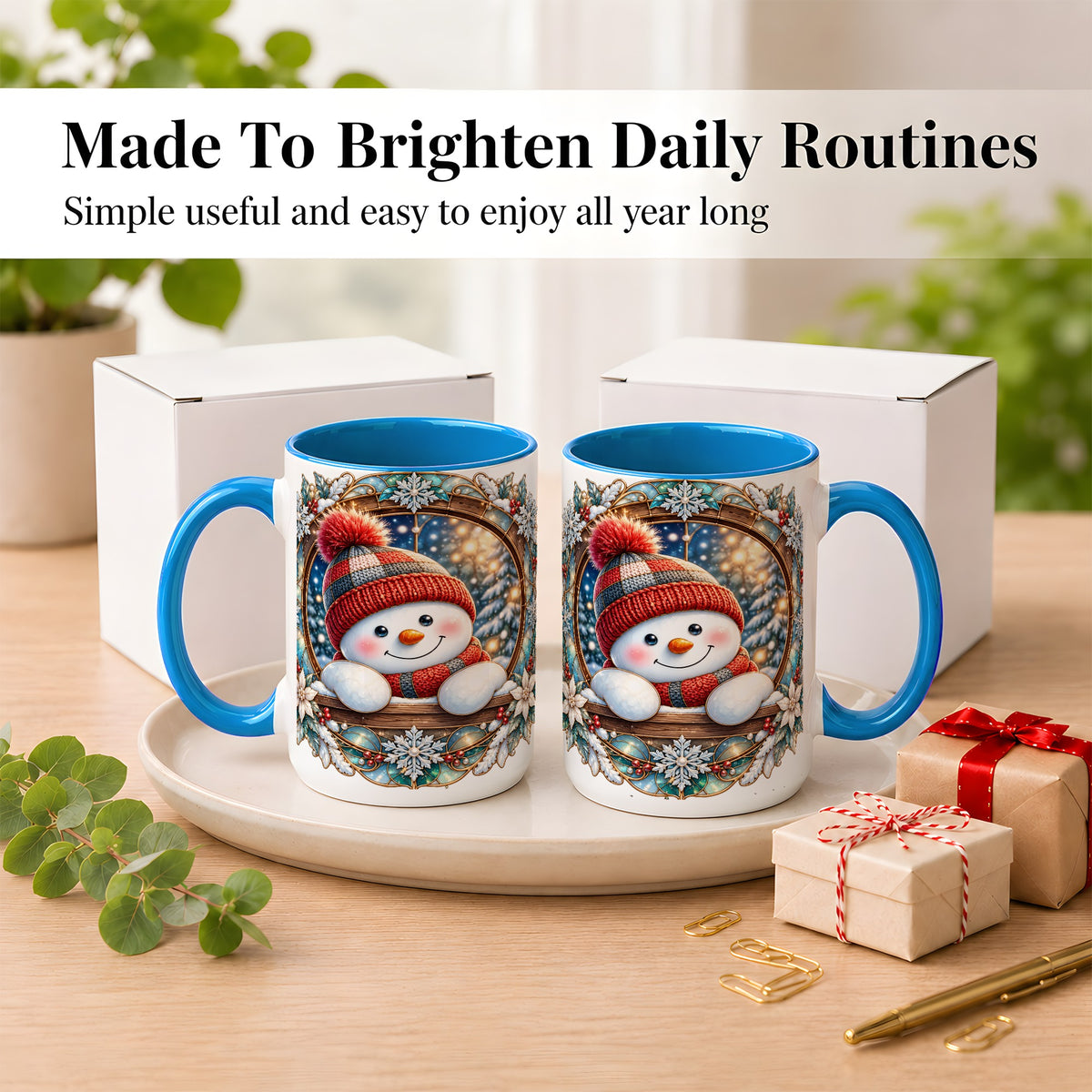 #pl[15oz|Blue] Winter Snowman Coffee Mug, Art Nouveau Snowman Mug, Ceramic Cup
