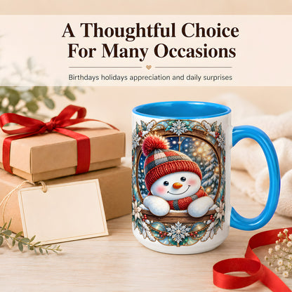 #pl[15oz|Blue] Winter Snowman Coffee Mug, Art Nouveau Snowman Mug, Ceramic Cup