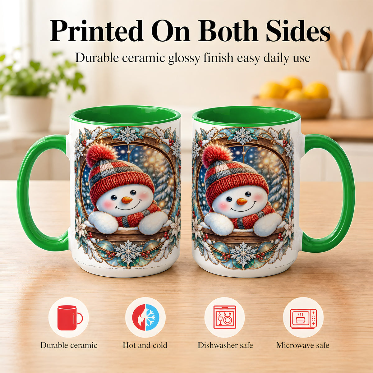 #pl[15oz|Green] Winter Snowman Coffee Mug, Art Nouveau Snowman Mug, Ceramic Cup