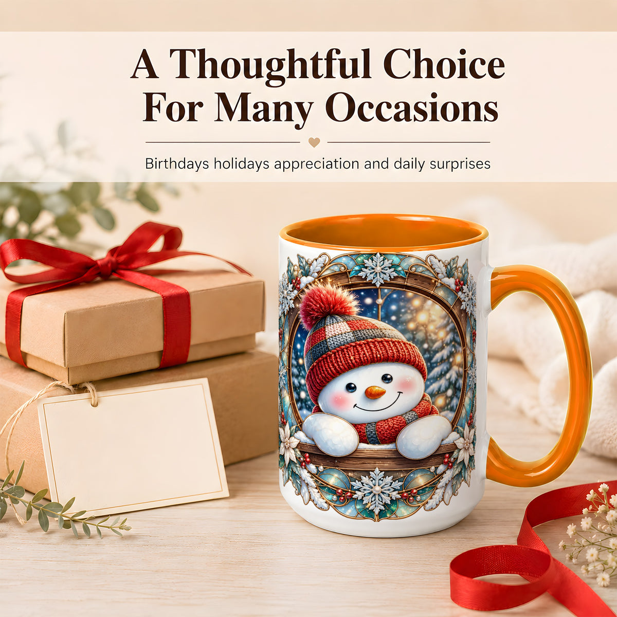 #pl[15oz|Orange] Winter Snowman Coffee Mug, Art Nouveau Snowman Mug, Ceramic Cup