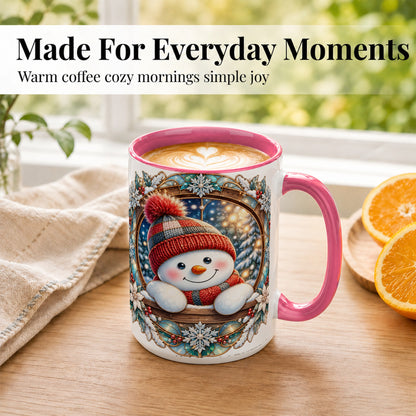 #pl[15oz|Pink] Winter Snowman Coffee Mug, Art Nouveau Snowman Mug, Ceramic Cup