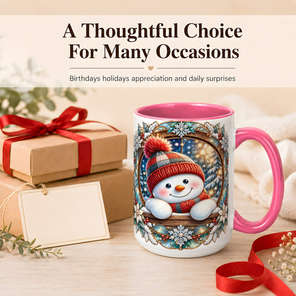 #pl[15oz|Pink] Winter Snowman Coffee Mug, Art Nouveau Snowman Mug, Ceramic Cup