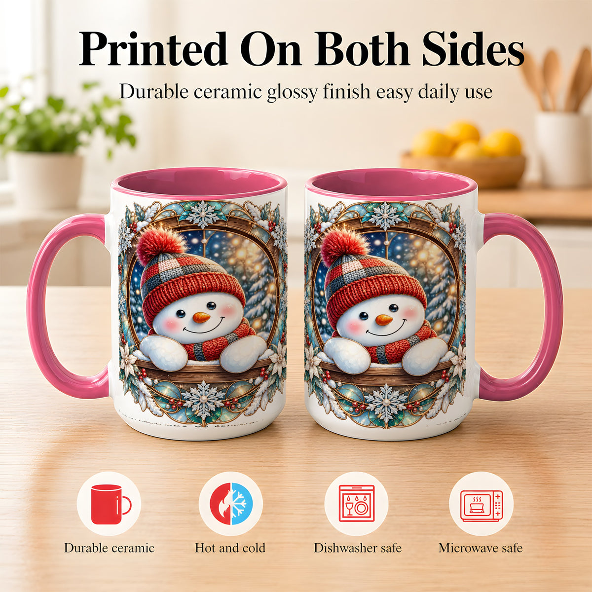 #pl[15oz|Pink] Winter Snowman Coffee Mug, Art Nouveau Snowman Mug, Ceramic Cup