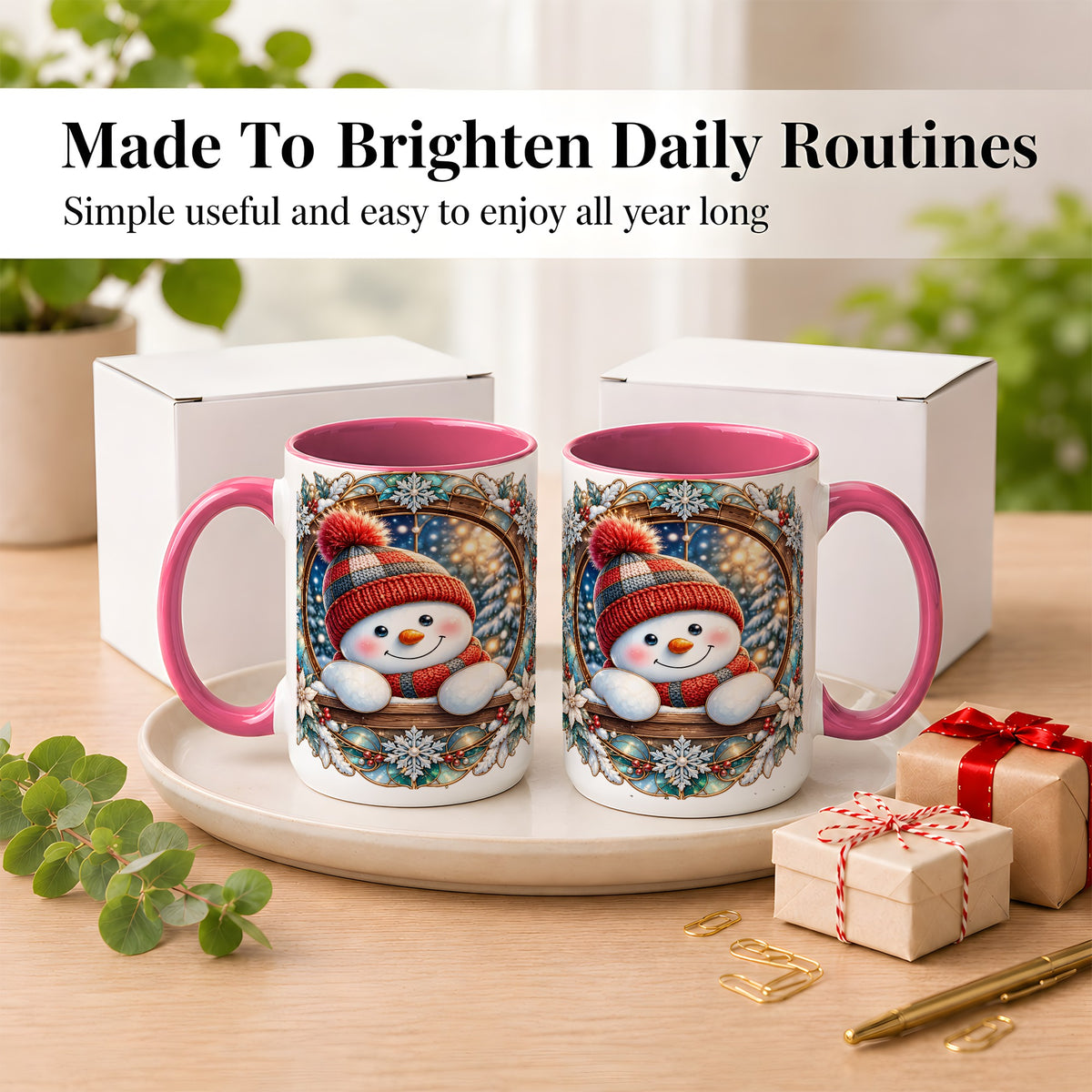 #pl[15oz|Pink] Winter Snowman Coffee Mug, Art Nouveau Snowman Mug, Ceramic Cup