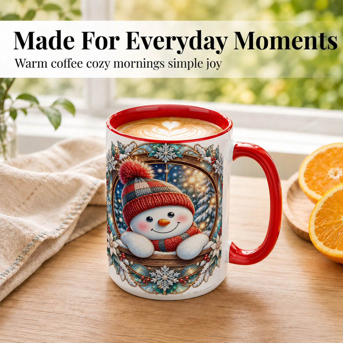 #pl[15oz|Red] Winter Snowman Coffee Mug, Art Nouveau Snowman Mug, Ceramic Cup