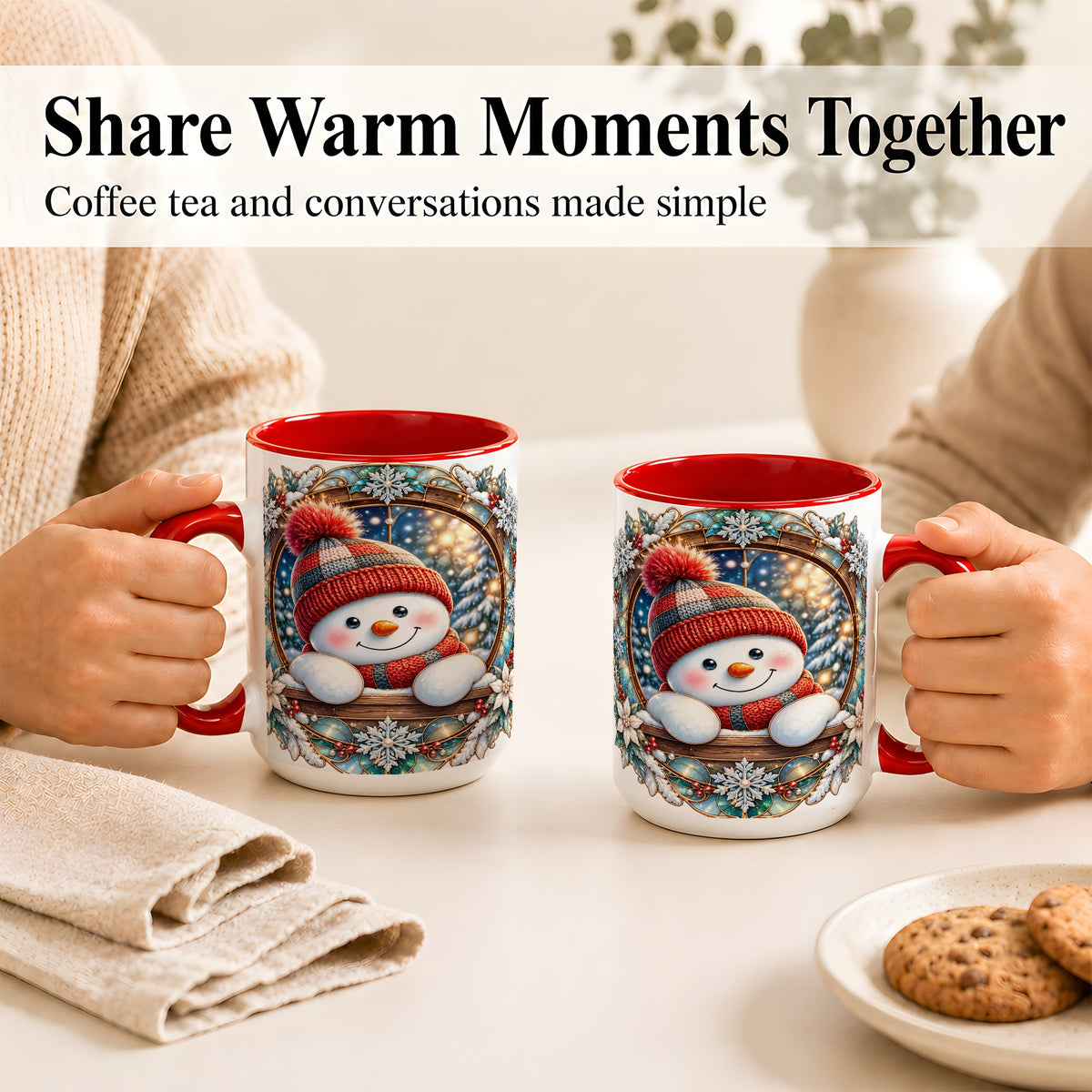 #pl[15oz|Red] Winter Snowman Coffee Mug, Art Nouveau Snowman Mug, Ceramic Cup