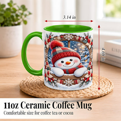 #pl[11oz|Green] Rustic Snowman Coffee Mug, Red Knit Snowman Mug, Ceramic Cup