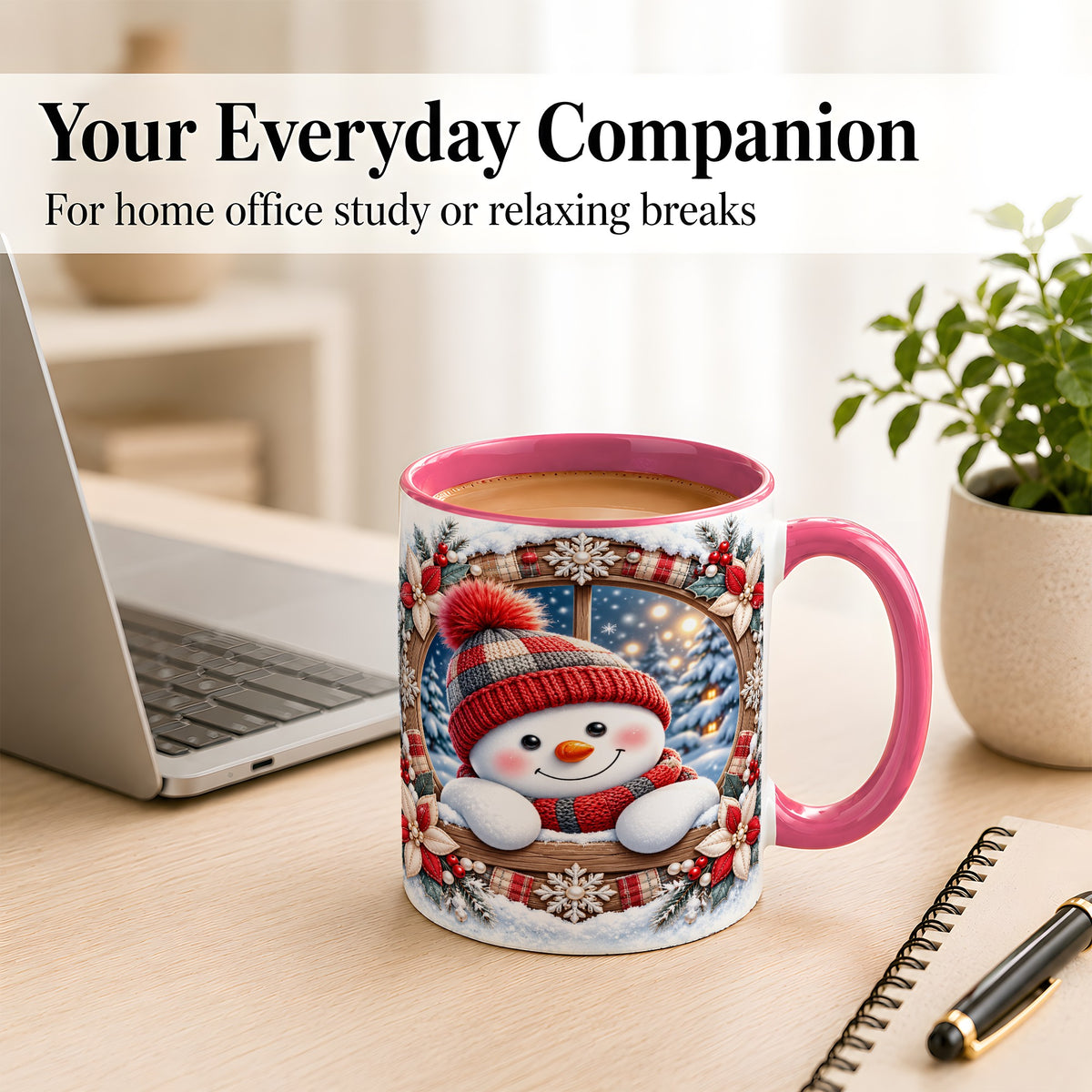 #pl[11oz|Pink] Rustic Snowman Coffee Mug, Red Knit Snowman Mug, Ceramic Cup