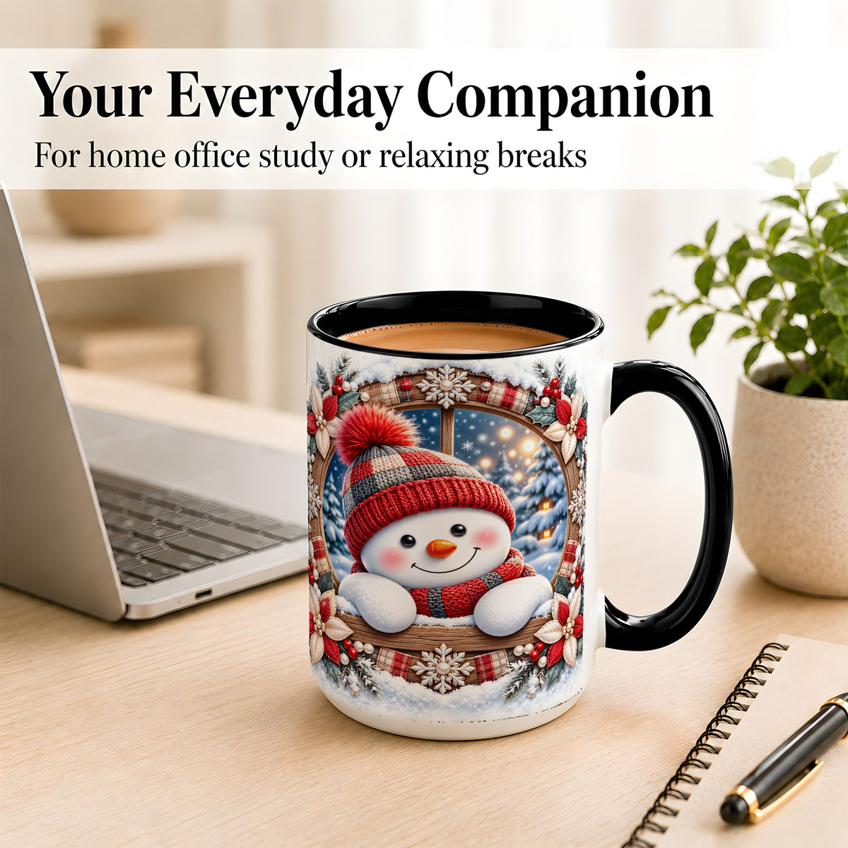#pl[15oz|Black] Rustic Snowman Coffee Mug, Red Knit Snowman Mug, Ceramic Cup
